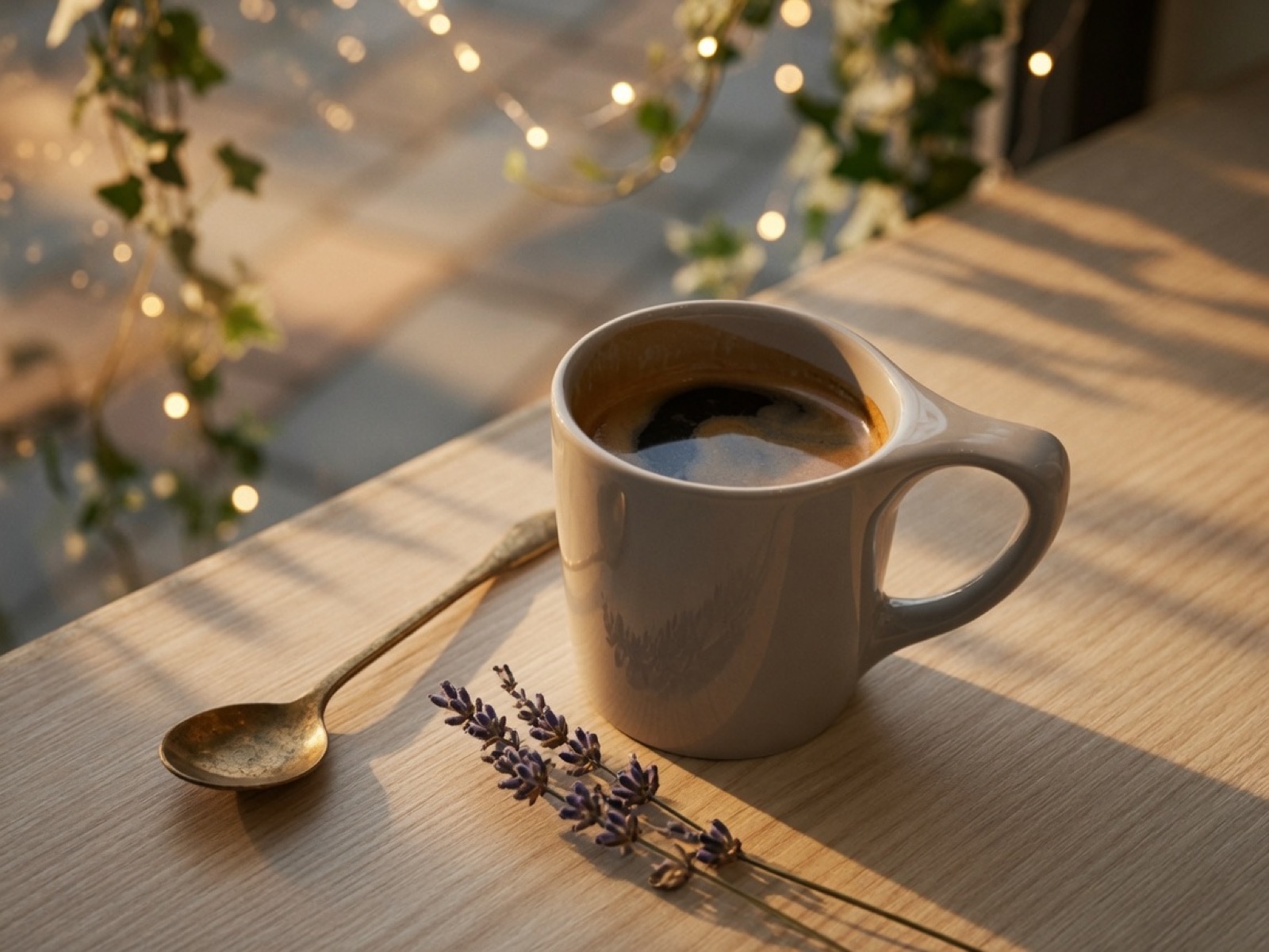 Warm cup of coffee on a sunlit table with lavender and a brass spoon