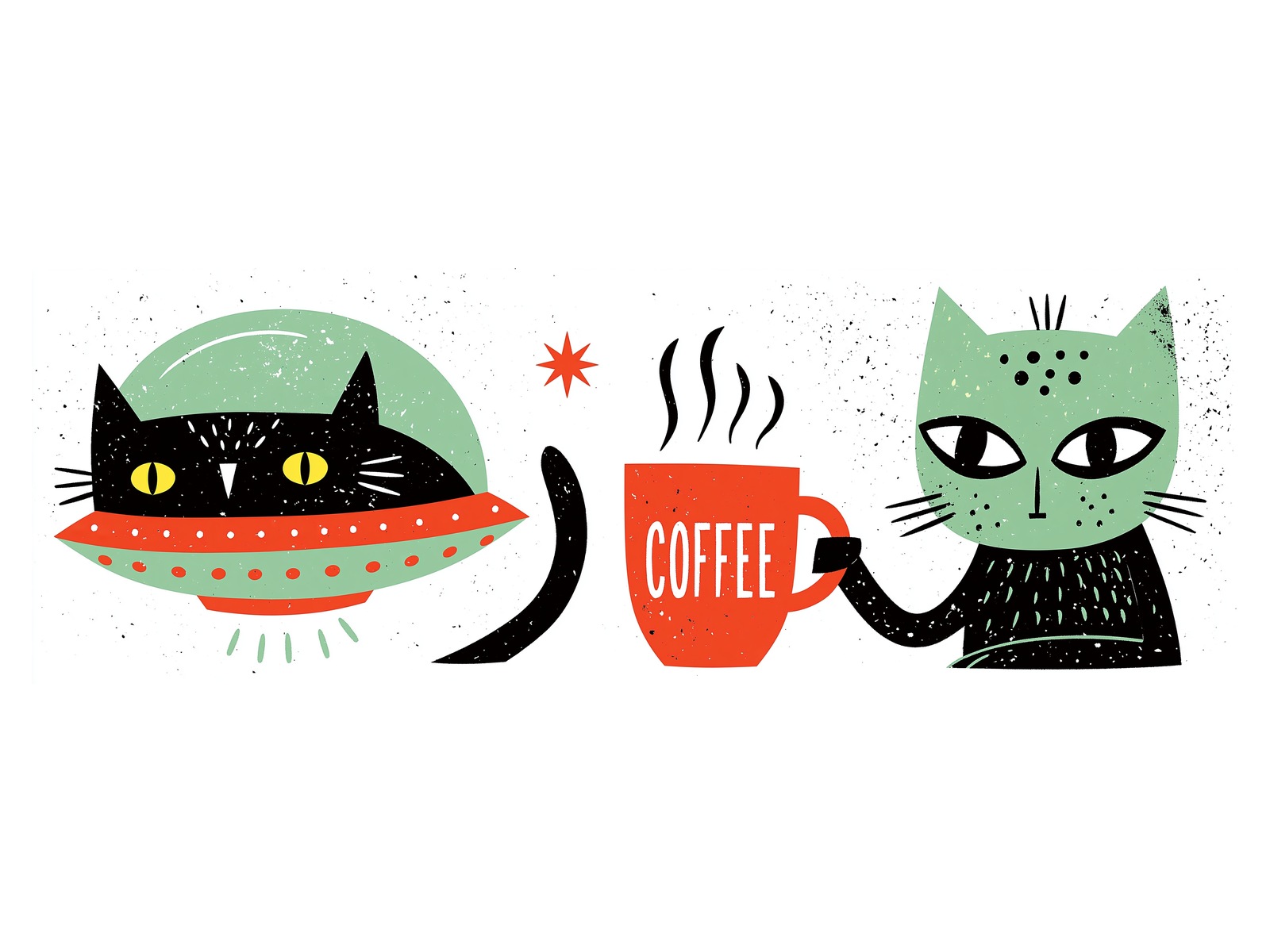 Modern illustration of coffee cats and a steaming coffee mug